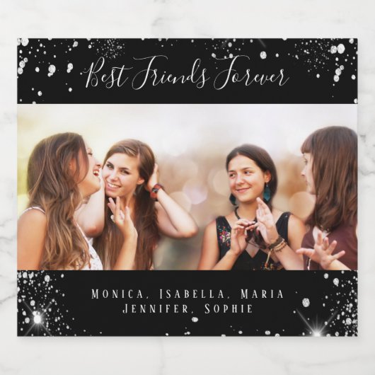 Vrienden voor altijd foto zwart zilver glitter sparkling wijnetiket (Enkel label)