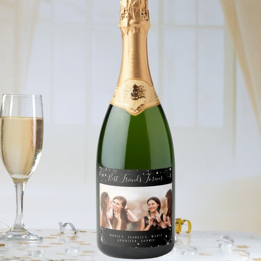 Vrienden voor altijd foto zwart zilver glitter sparkling wijnetiket