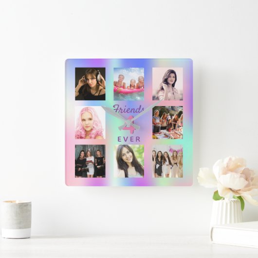 Vrienden voor altijd roze paarse mijnenfotocollage vierkante klok (Huis)