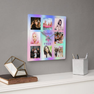 Vrienden voor altijd roze paarse mijnenfotocollage vierkante klok