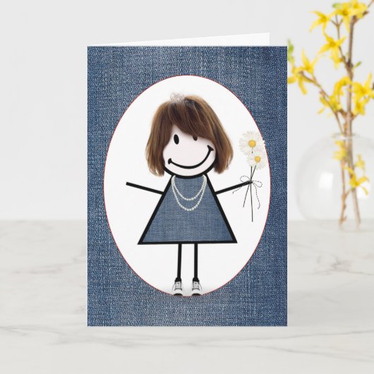 Vriendendendag Stick Figuur Girl Kaart (Gele Bloem)