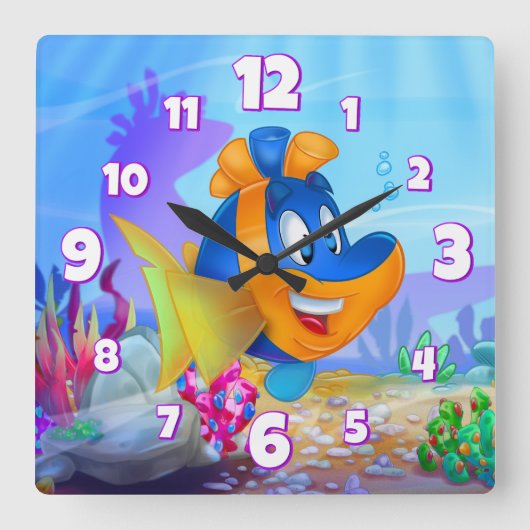 VriendFish Wall cartoon-klok Vierkante Klok (Voorkant)