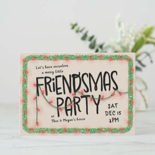Vriendjesfeest uitnodigen | String Lights & Garlan Kaart (Staand voorkant)
