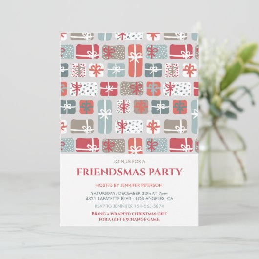 Vriendjesuitnodigingen Schattige kerstcadeaupatroo Kaart (Staand voorkant)