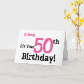Vriend's 50ste verjaardag groet in zwart, roze. kaart (Gele Bloem)