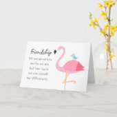 Vriendschap Cartoon: Roze Flamingo met Blue Bird Kaart (Gele Bloem)