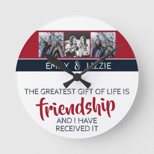 Vriendschap inspirerend citaat met namen en foto's ronde klok (Voorkant)