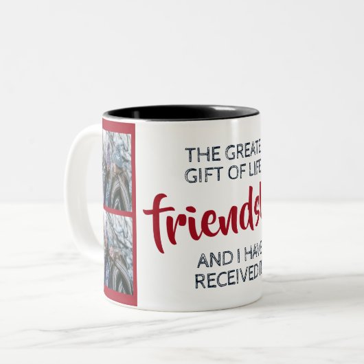 Vriendschap inspirerend citaat met namen en foto's tweekleurige koffiemok (Voorkant links)