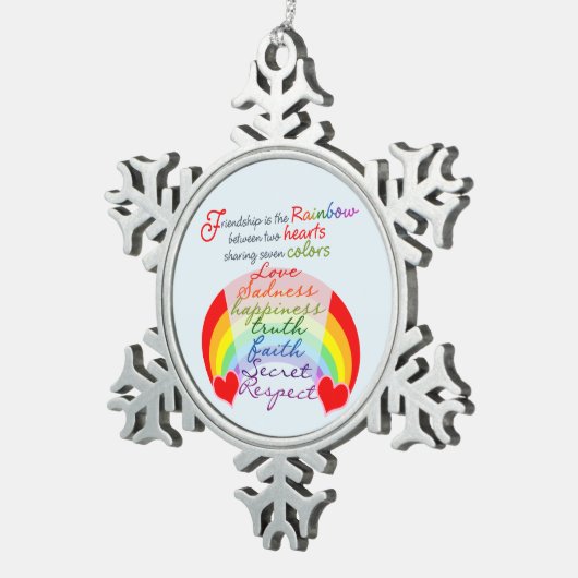 Vriendschap is het ontwerp van het regenbooghandbo tin sneeuwvlok ornament (Rechts)
