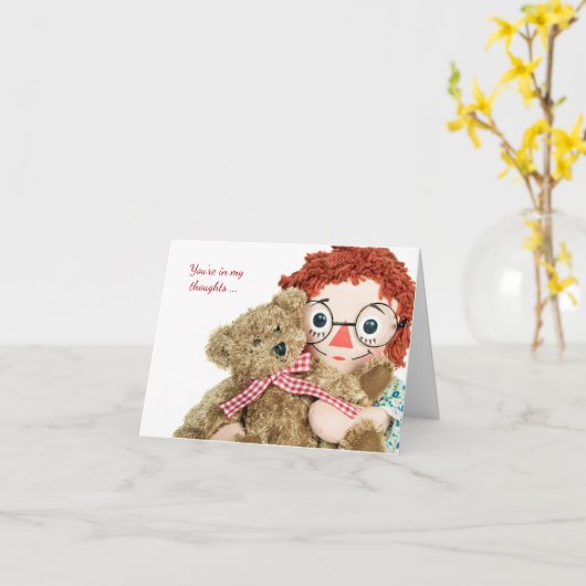 vriendschap-oude voddenpop en teddybeer kaart (Gele Bloem)