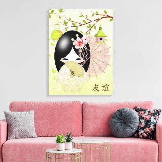 Vriendschap - Vriendschap, Kokeshi-pop in de lente Canvas Afdruk (Insitu (Woonkamer))