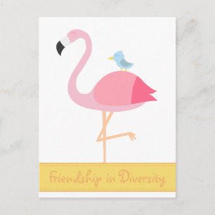 Vriendschaps Cartoon: Roze Flamingo met Blauwe Vog Briefkaart