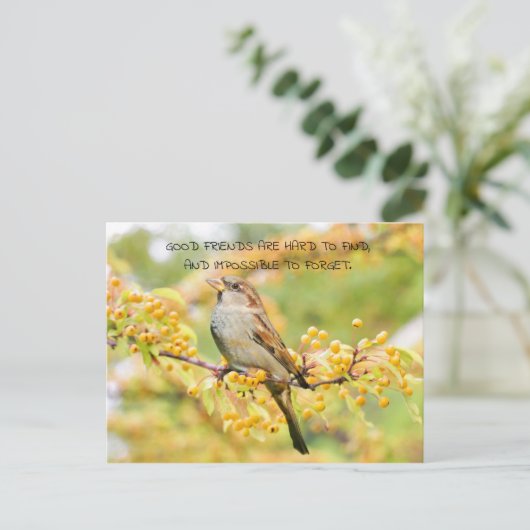 Vriendschapsquote Vogel en Gele Bloemen Briefkaart (Staand voorkant)