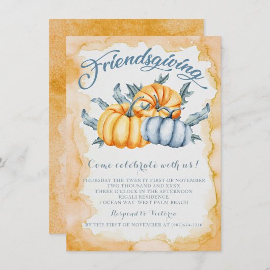 Vriendsgeven pompoen waterverf sinaasappel en blau kaart (Voorkant / Achterkant)