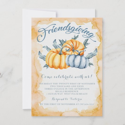 Vriendsgeven pompoen waterverf sinaasappel en blau kaart (Voorkant)