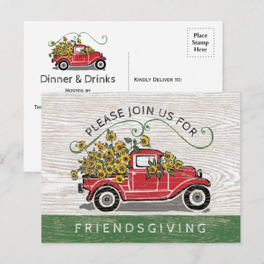 Vriendsgiving Diner  Rode Truck Zonnebloemen Uitnodiging Briefkaart (Voorkant / Achterkant)