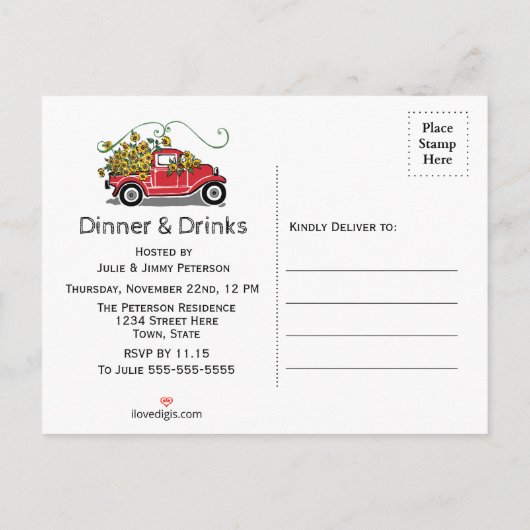 Vriendsgiving Diner  Rode Truck Zonnebloemen Uitnodiging Briefkaart (Achterkant)
