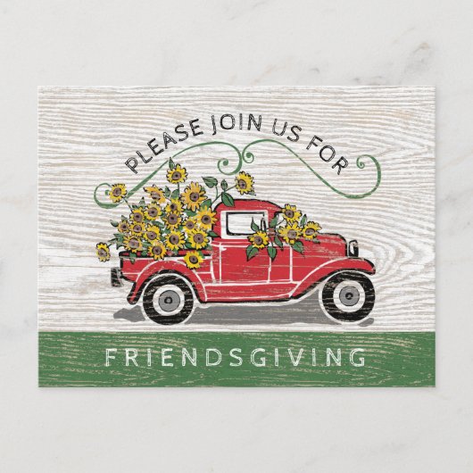 Vriendsgiving Diner  Rode Truck Zonnebloemen Uitnodiging Briefkaart (Voorkant)
