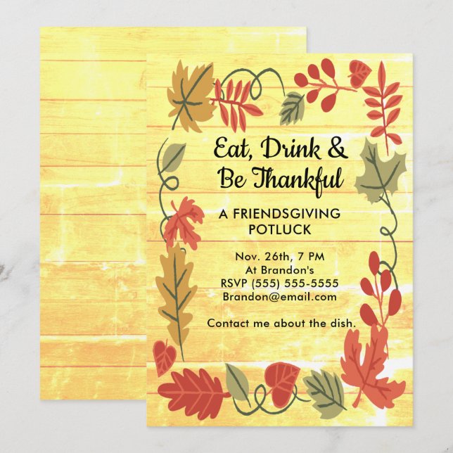 Vriendsgiving Potluck Geel Hout Ontwerp Uitnodigen (Voorkant / Achterkant)