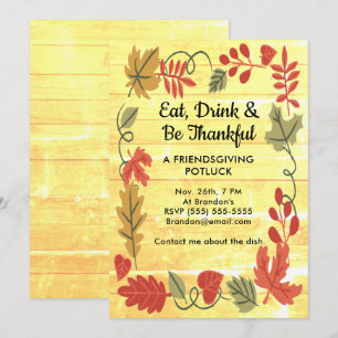 Vriendsgiving Potluck Geel Hout Ontwerp Uitnodigen