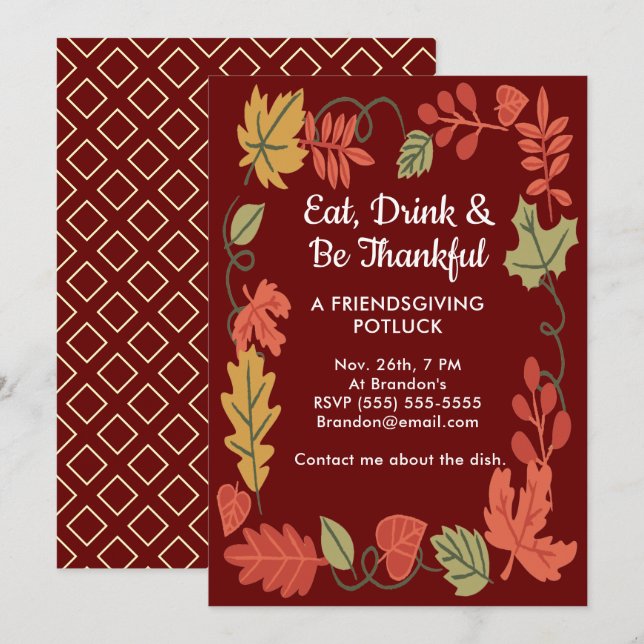 Vriendsgiving Potluck Rode Thanksgiving Uitnodigin (Voorkant / Achterkant)