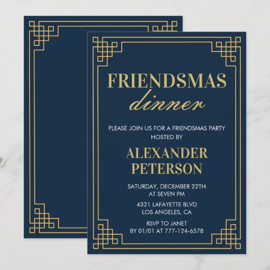 Vriendsmas uitnodigingen Diner Navy Gold (Voorkant / Achterkant)