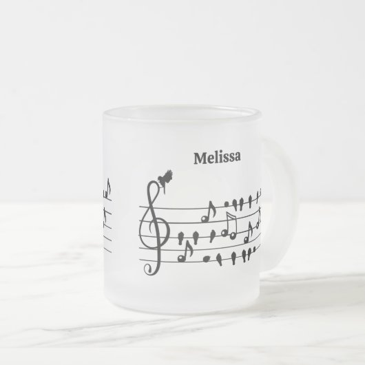 Vrij als vogel, zangvogels die als muzikale noten  matglas koffiemok (Voorkant rechts)