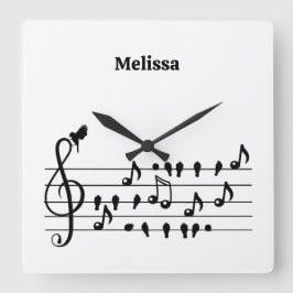 Vrij als vogel, zangvogels die als muzikale noten  vierkante klok