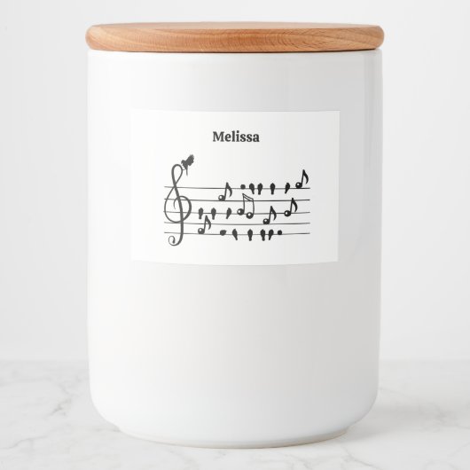 Vrij als vogel, zangvogels die als muzikale noten  voedselcontainer etiket (Voorkant)