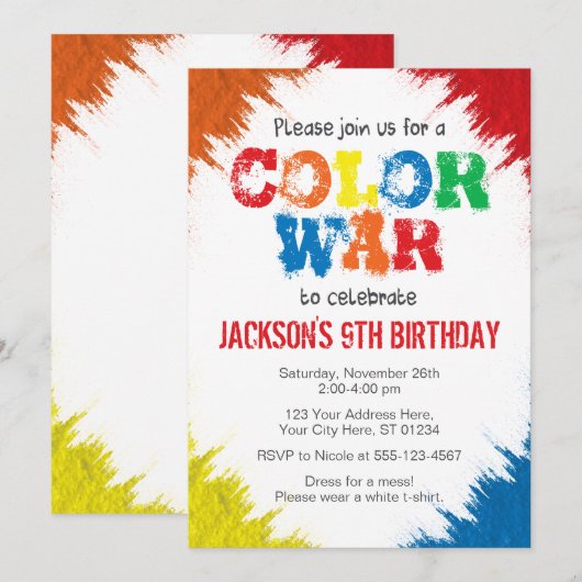 Vrijdaguitnodiging voor kleurenoorlog | Kleurenrun Kaart (Voorkant / Achterkant)