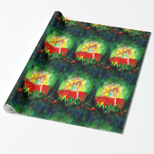 VRIJE DREAMING OP RED FLOWER Green Yellow Fantasy Cadeaupapier (Uitgerold)