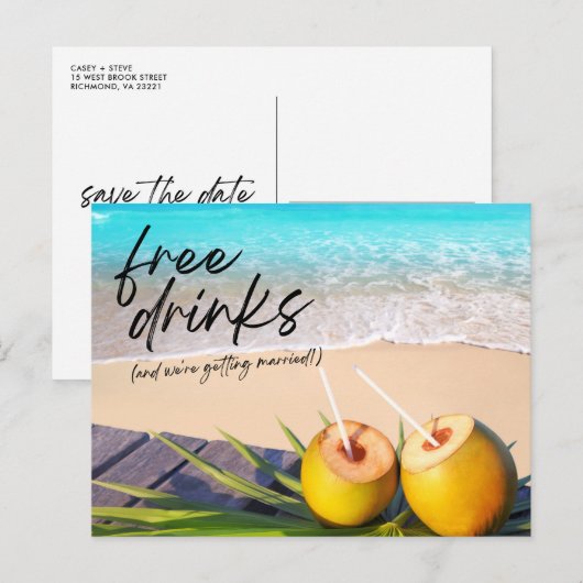 Vrije Drinken Beach Weddenschap Save the Date Aankondigingskaart (Voorkant / Achterkant)