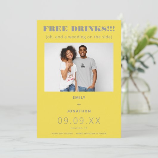 Vrije Drinken Foto Casual Geel Grijs sparen de Dat Save The Date (Staand voorkant)