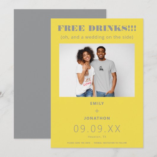 Vrije Drinken Foto Casual Geel Grijs sparen de Dat Save The Date (Voorkant / Achterkant)