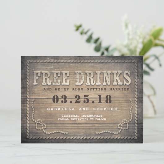 Vrije Drinken | Rustic Wood Grappig Save the Date (Staand voorkant)