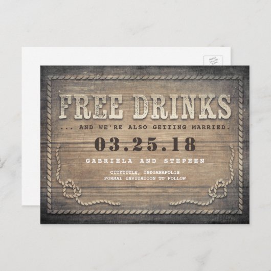 Vrije Drinken | Rustic Wood Grappig Save the Date Aankondigingskaart (Voorkant / Achterkant)