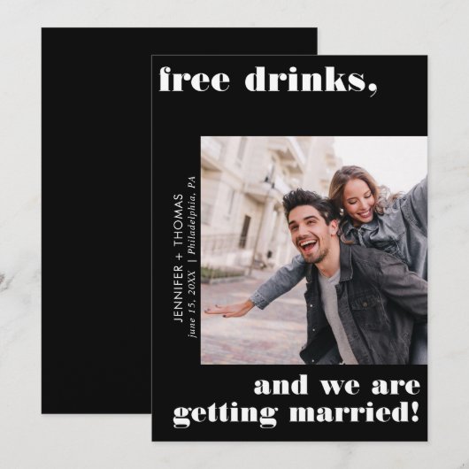 Vrije Drinken Zwarte Typografie Sparen de Datum Kaart (Voorkant / Achterkant)