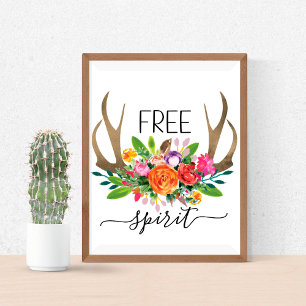 Vrije geest moderne boho-chique bloemen en gewei poster