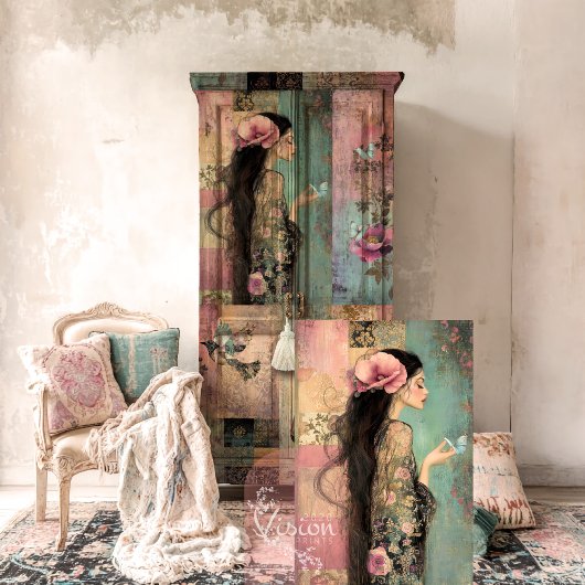Vrije geest whimsicaal portret, patchwork & bloemm tissuepapier