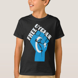 Vrije Oeigoeren weerstaan vuist met Oeigoerse vlag T-shirt