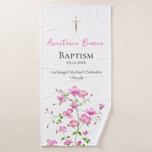 Vrijgevochten Roze Bloemen Orthodoxe doop Gift Badhanddoek