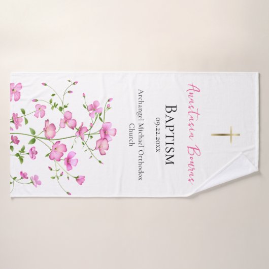 Vrijgevochten Roze Bloemen Orthodoxe doop Gift Badhanddoek (Badhanddoek)