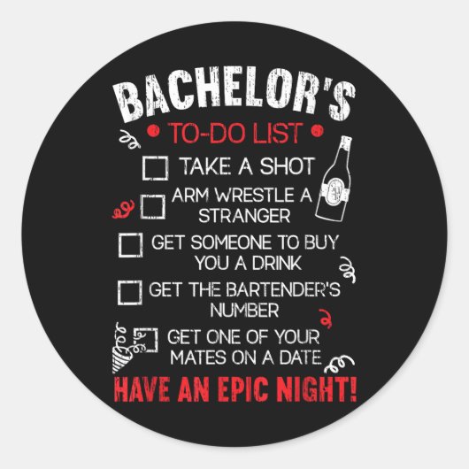 Vrijgezellen Takenlijst Bruidegom Bruid Feest Grap Ronde Sticker (Voorkant)