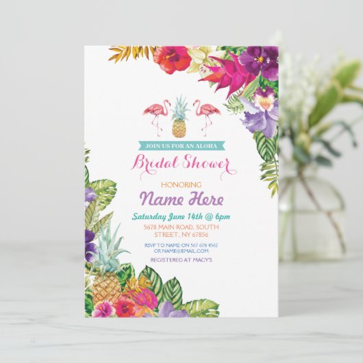 Vrijgezellenfeest Aloha Luau Flamingo Uitnodigen Kaart (Staand voorkant)