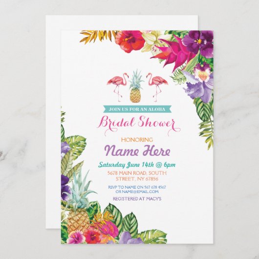 Vrijgezellenfeest Aloha Luau Flamingo Uitnodigen Kaart (Voorkant / Achterkant)