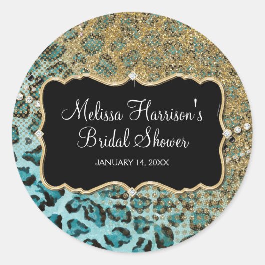Vrijgezellenfeest Aqua Gold Leopard Dierenprint Ronde Sticker (Voorkant)
