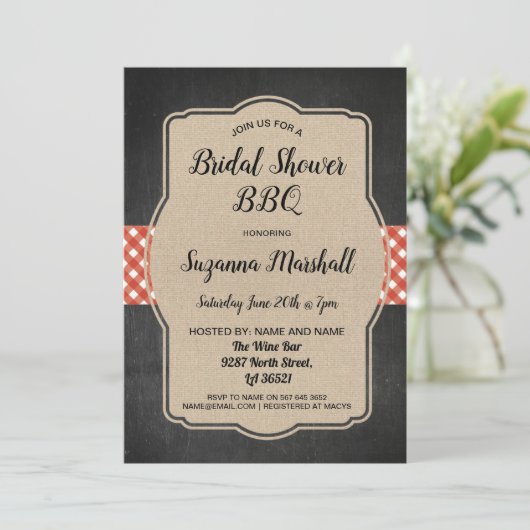 Vrijgezellenfeest BBQ Nodig Red Gingham Burlap uit Kaart (Staand voorkant)