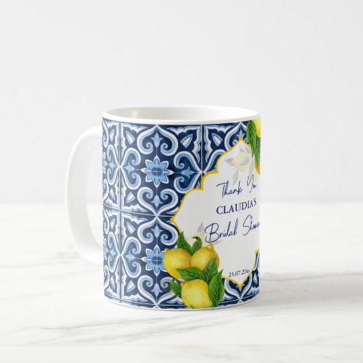 Vrijgezellenfeest bevoordeelt blauwe tegels citroe koffiemok (Voorkant links)