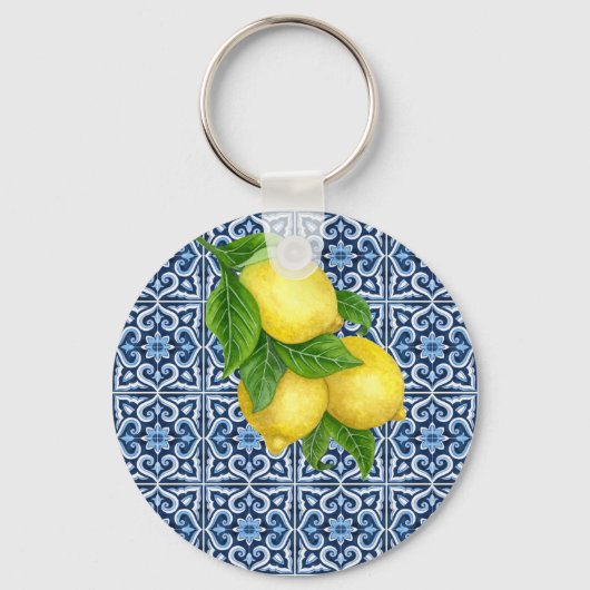 Vrijgezellenfeest bevoordeelt blauwe tegels citroe sleutelhanger (Achterkant)