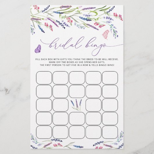 Vrijgezellenfeest Bingo Game Paarse Lavender Flora (Voorkant)